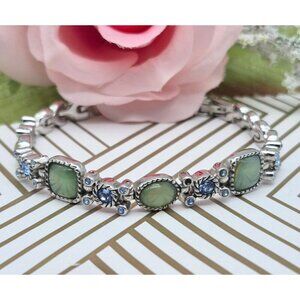 Silver Tone Ice Blue Crystal with Green Cabochon Tennis Link Bracelet 8" Adjusts